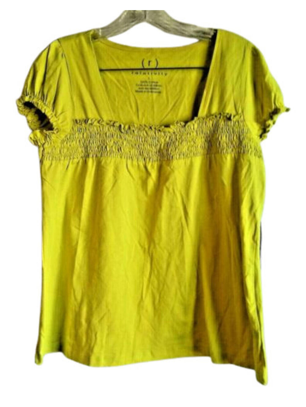 Relativity Blouse 100% Cotton Golden Yellow Ruched Short Sleeve Womans Size L